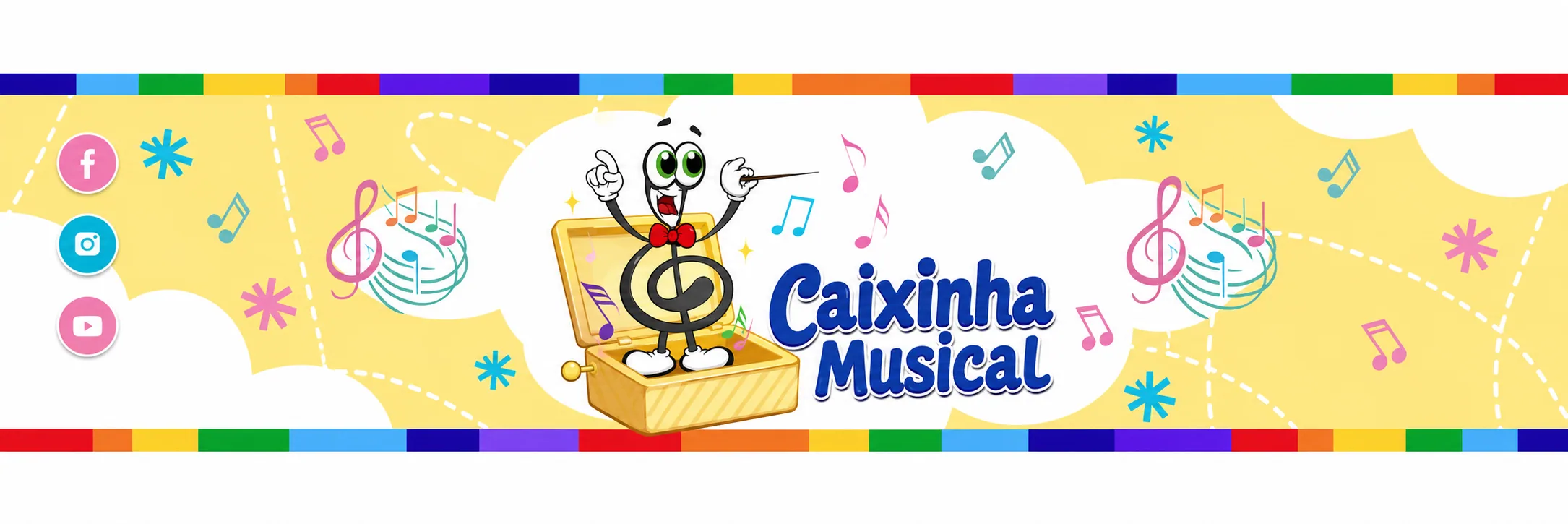 Caixinha Musical: personagem em forma de clave de sol saindo de uma caixa musical, cercado por notas coloridas